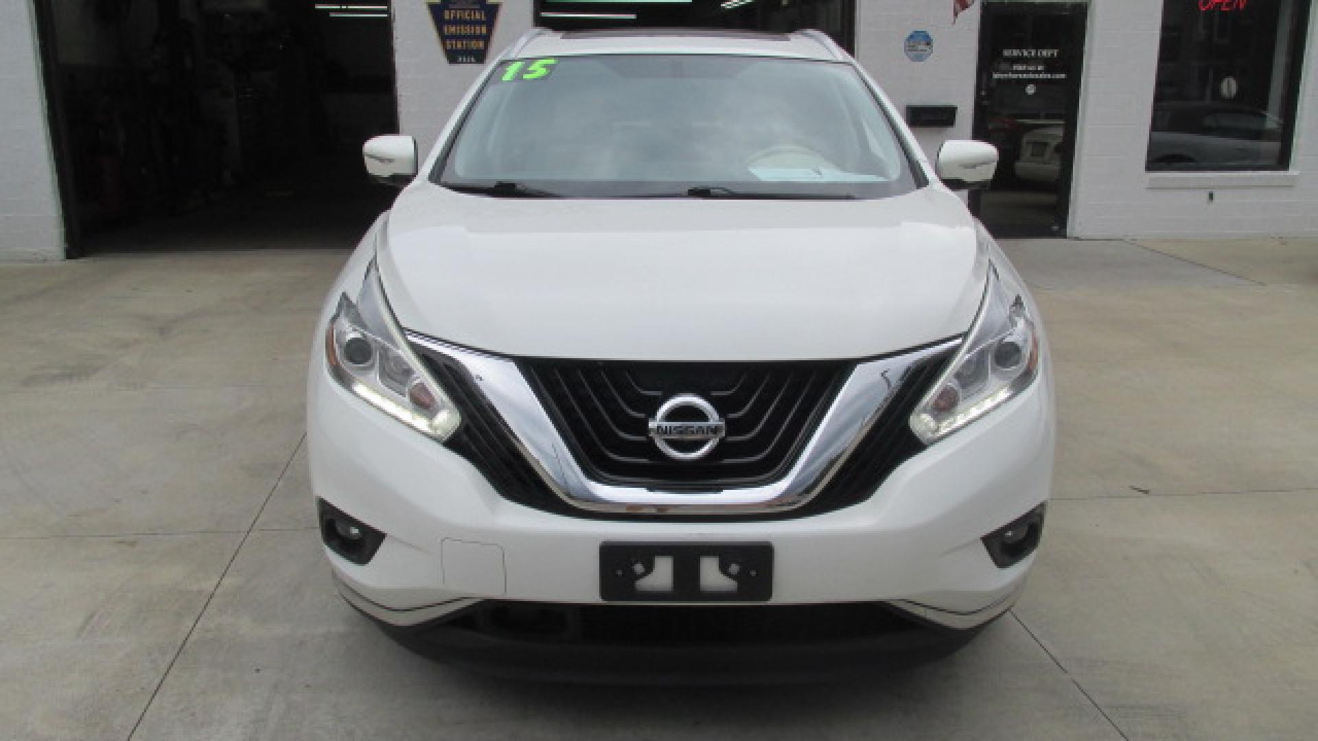 2015 Pearl White /Tan Nissan Murano SL (5N1AZ2MH0FN) with an 3.5L V6 DOHC 24V engine, Continuously Variable Transmission transmission, located at 827 W 26th Street, Erie, PA, 16508, (814) 455-3401, 42.105431, -80.090942 - Thanks for looking at our super clean nonsmoker new Nissan trade in. This is the SL model with lots of options including all wheel drive, heated leather seats, a panoramic sunroof, back up camera, navigation, factory remote start, push button start and lots more. A full service will be completed in - Photo#1